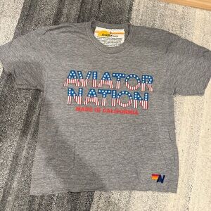 Aviator Nation Cropped Gray Tee with Red and Blue Accents